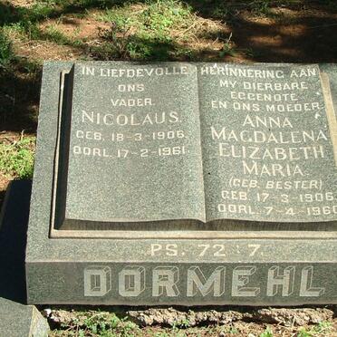 DORMEHL Nicolaus 1906-1961 &amp; Anna Magdalena Elizabeth Maria BESTER 1906-1960