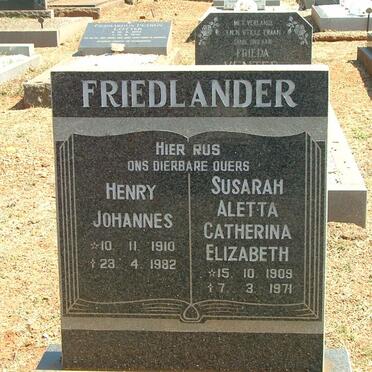 FRIEDLANDER Henry Johannes 1910-1982 &amp; Susara Aletta Catharina Elizabeth 1909-1971