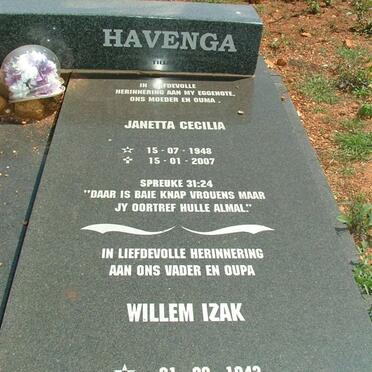 HAVENGA Willem Izak 1943- &amp; Janetta Cecilia 1948-2007