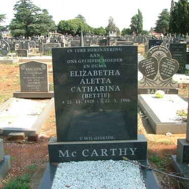 McCARTHY Elizabeth Aletta Catharina 1920-1996