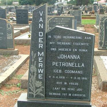 MERWE Johanna Petronella, van der nee COOMANS 1931-1981