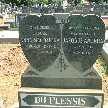 PLESSIS Jakobus Andries, du 1907-1976 &amp; Anna Magdalena HUMAN 1914-2006