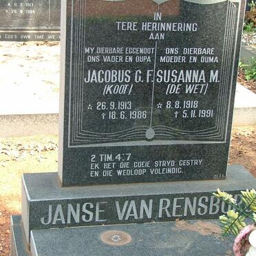 RENSBURG Jacobus G.F. 1913-1986 &amp; Susanna M. DE WET 1918-1991