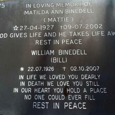 BINEDELL William 1926-2007 &amp; Matilda Ann 1927-2002