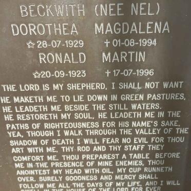 BECKWITH Ronald Martin 1923-1996 &amp; Dorothea Magdalena NEL 1929-1994