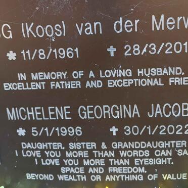 MERWE J.G., van der 1961-2015 :: JACOBS Michelene Georgina 1996-2022