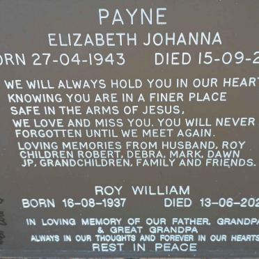 PAYNE Roy William 1937-2021 &amp; Elizabeth Johanna 1943-2001