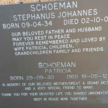 SCHOEMAN Stephanus Johannes 1934-2001 &amp; Patricia 1930-2012