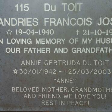 TOIT Andries Francois Josias, du 1940-1999 &amp; Annie Gertruda 1942-2003