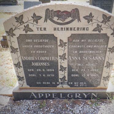 APPELGRYN Andries Cornelius Johannes 1894-1970 &amp; Anna Susanna KIES 1893-1967