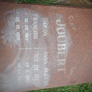 JOUBERT Gideon Francois 1924-1996 &amp; Anna Aletta DE WET 1925-2000