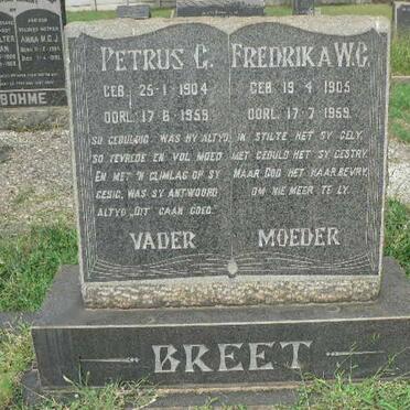 BREET Petrus G 1904-1959 &amp; Fredrika W.C. 1905-1959