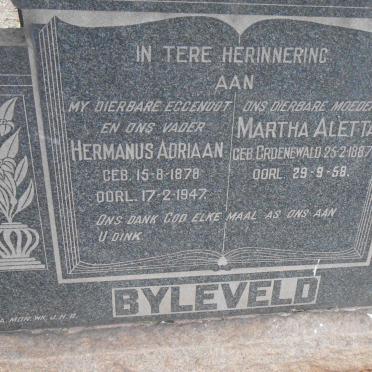 BYLEVELD Hermanus Adriaan 1878-1947 &amp; Martha Aletta nee GROENEVALD 1887-1958