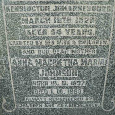JOHNSON Jacob Olay John 1875-1929 &amp; Anna Magrietha Maria 1897-1960