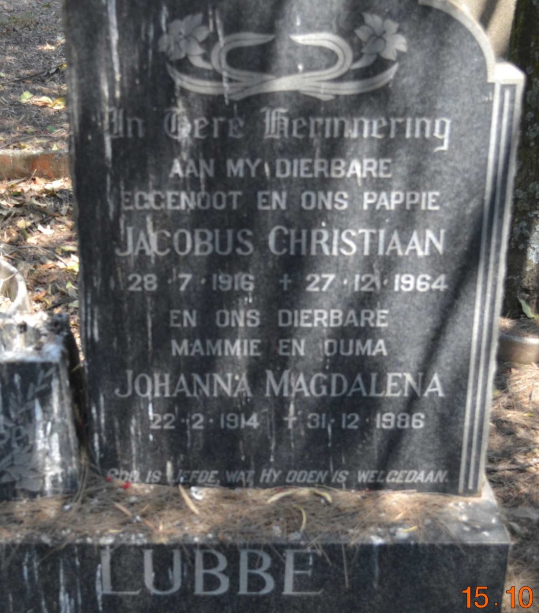 LUBBE Jacobus Christiaan 1916-1964 &amp; Johanna Magdalena 1914-1986