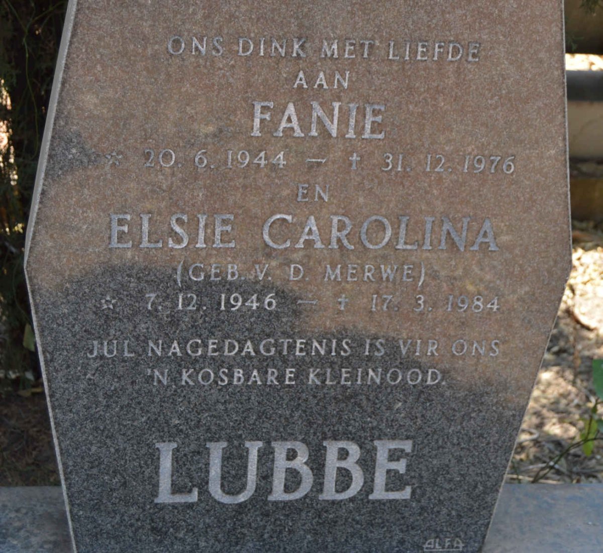 LUBBE Fanie 1944-1976 &amp; Elsie Carolina V.D. MERWE 1946-1984