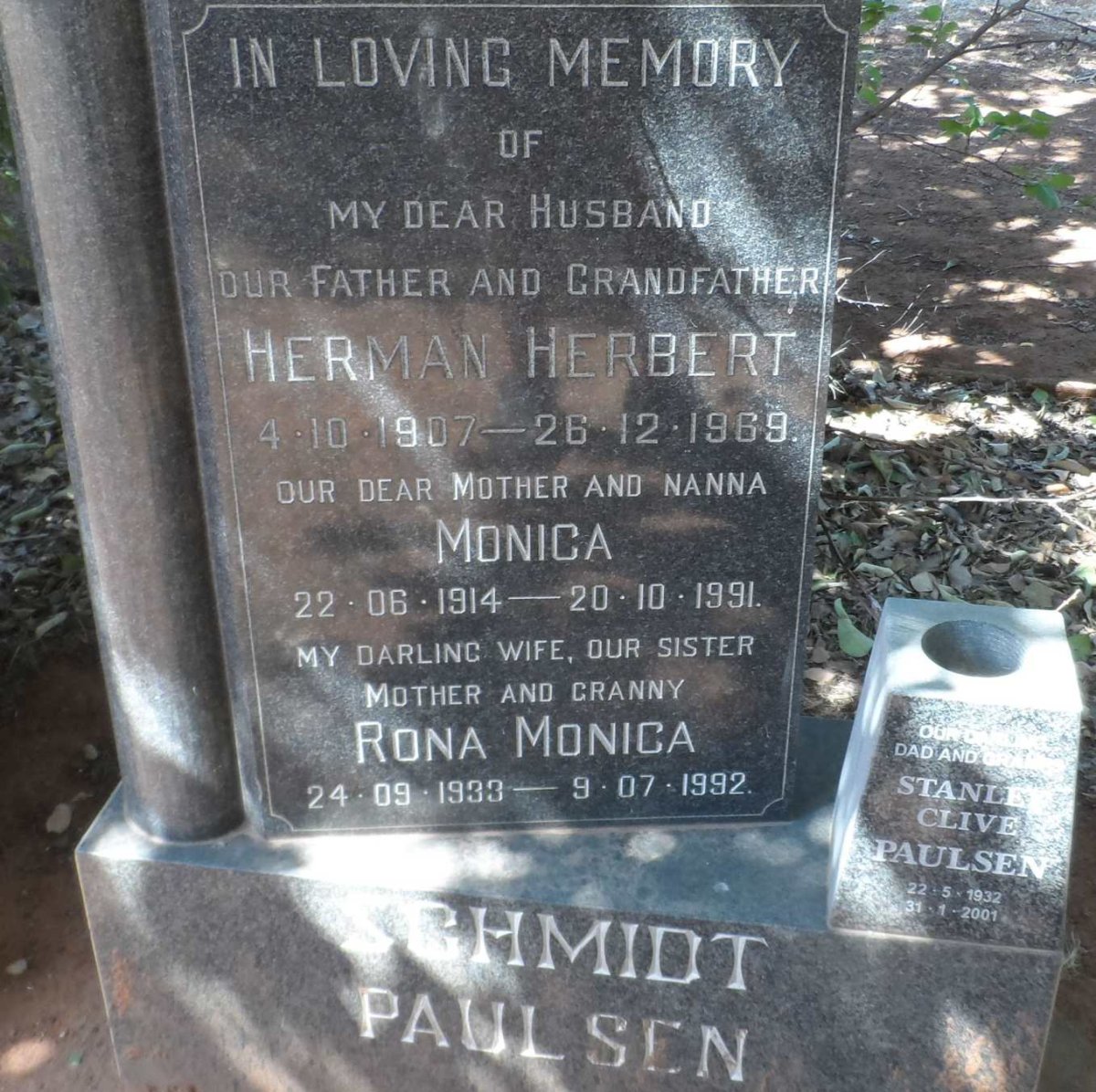 SCHMIDT Herman Herbert 1907-1969 &amp; Monica 1914-1991 :: PAULSEN Stanley Clive 1932-2001 &amp; Rona Monica 1933-1992