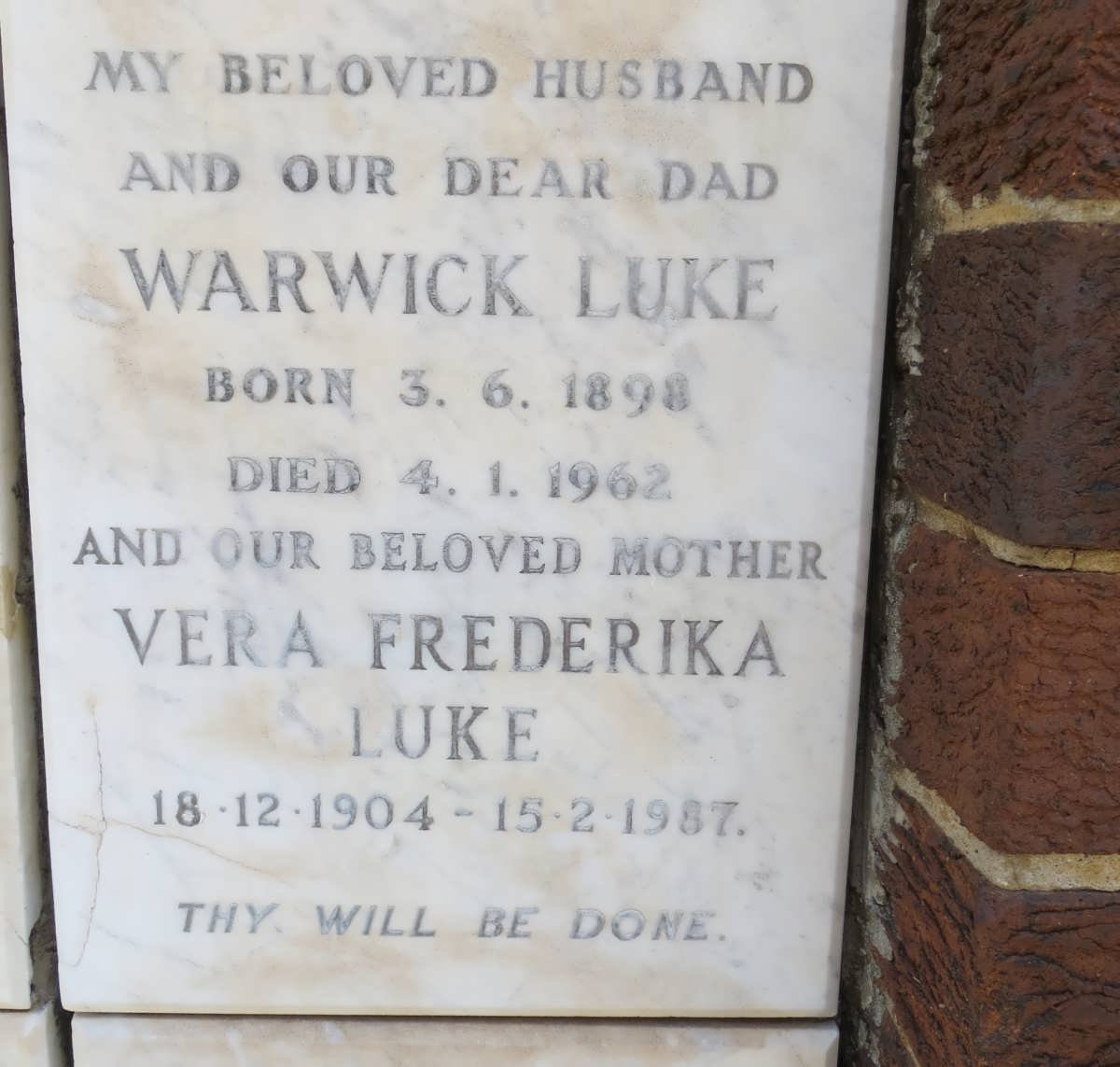 LUKE Warwick 1898-1962 & Vera Frederika 1904-1987