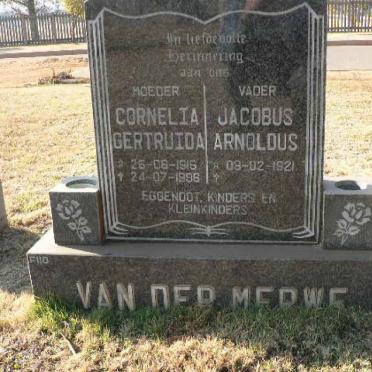 MERWE Jacobus Arnoldus, van der 1921- &amp; Cornelia Gertruida 1916-1996