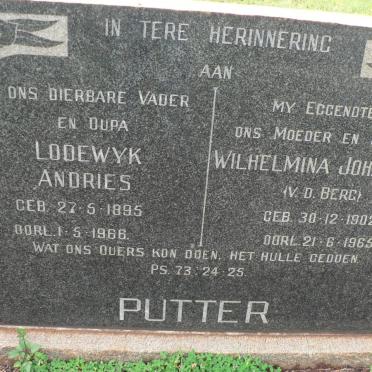PUTTER Lodewyk Andries 1895-1966 &amp; Wilhelmina Johanna V.D. BERG 1902-1965