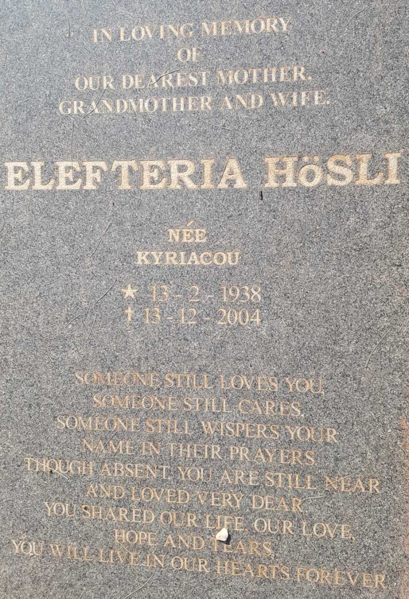 HOSLI Elefteria nee KYRIACOU 1938-2004
