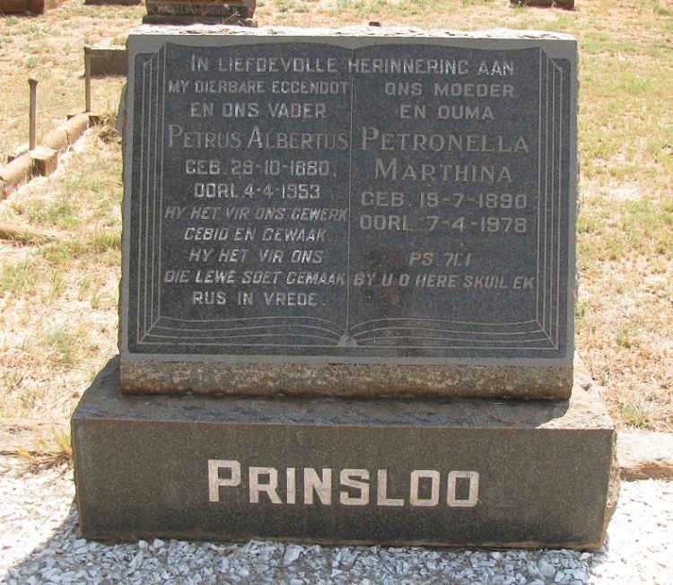 PRINSLOO Petrus Albertus 1880-1953 & Petronella Marthina 1890-1978