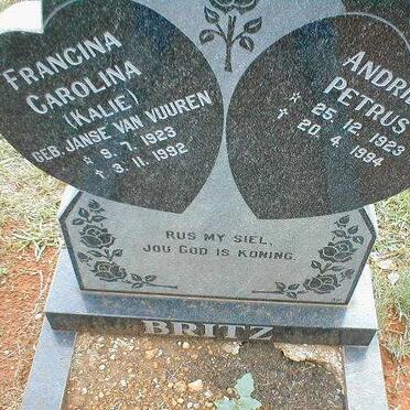 BRITZ Andries Petrus 1923-1994 &amp; Francina Carolina JANSE VAN VUUREN 1923-1992