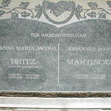 BRITZ Johanna Maria Jacoba KLEYNHANS 1886-1953 :: MARTINCICH Johannes Martin 1934-1997