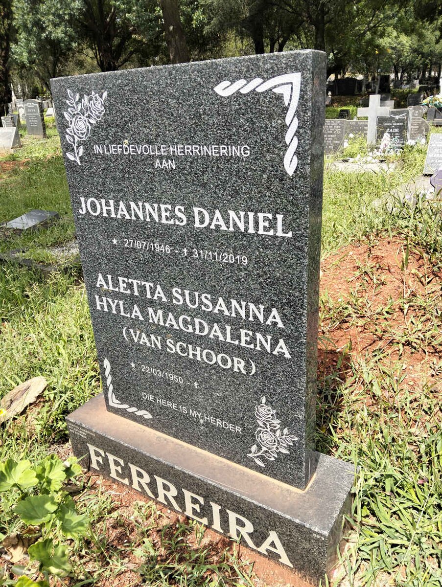 FERREIRA Johannes Daniel 1946-2019 & Aletta Susanna Hyla Magdalena VAN SCHOOR 1950-