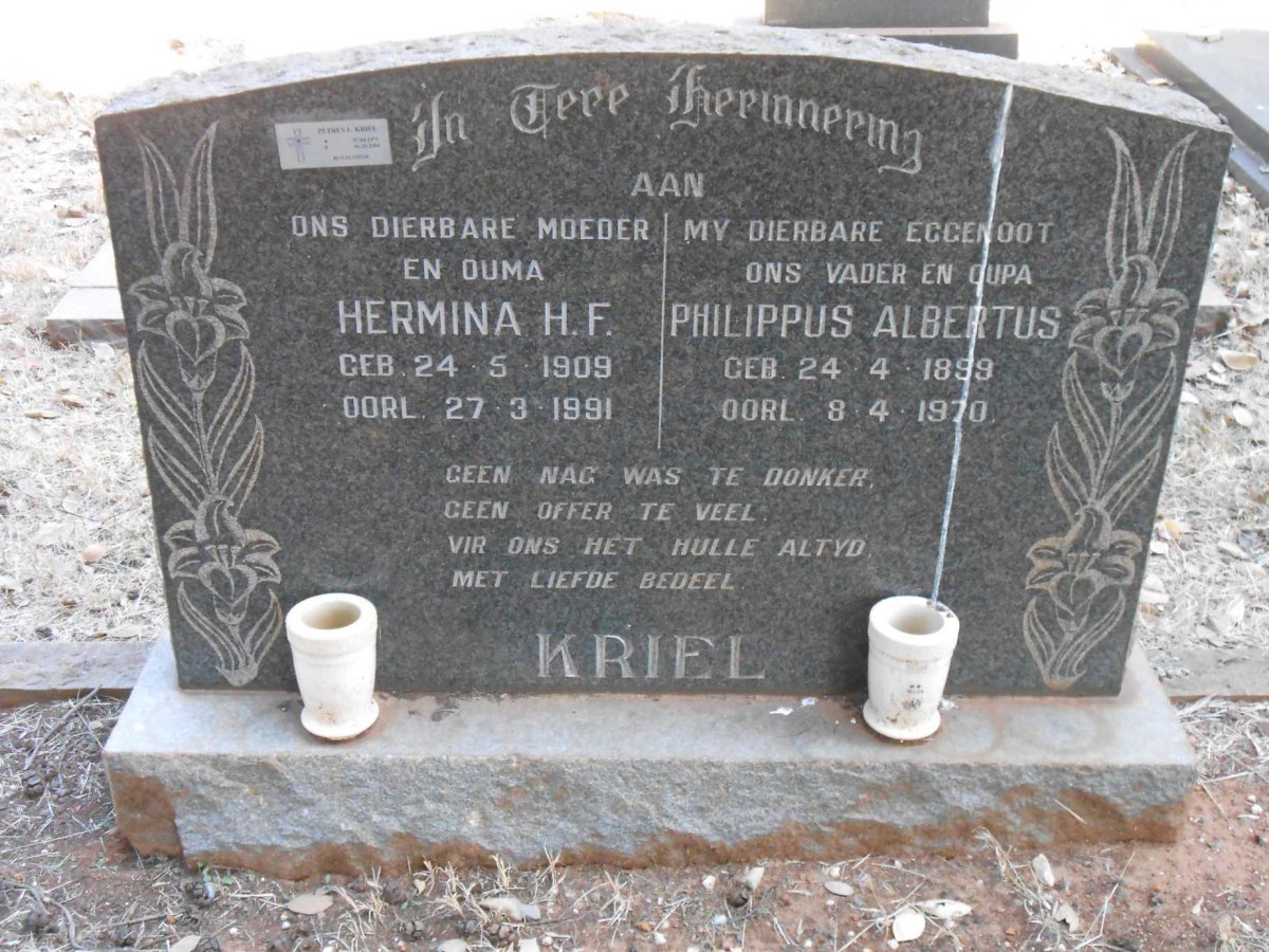 KRIEL Philippus Albertus 1899-1970 &amp; Hermina H.F. 1909-1991 :: KRIEL Petrus L. 1971-2004