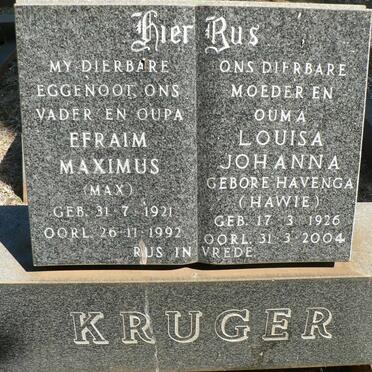 KRUGER Efraim Maximus 1921-1992 &amp; Louisa Johanna HAVENGA 1926-2004