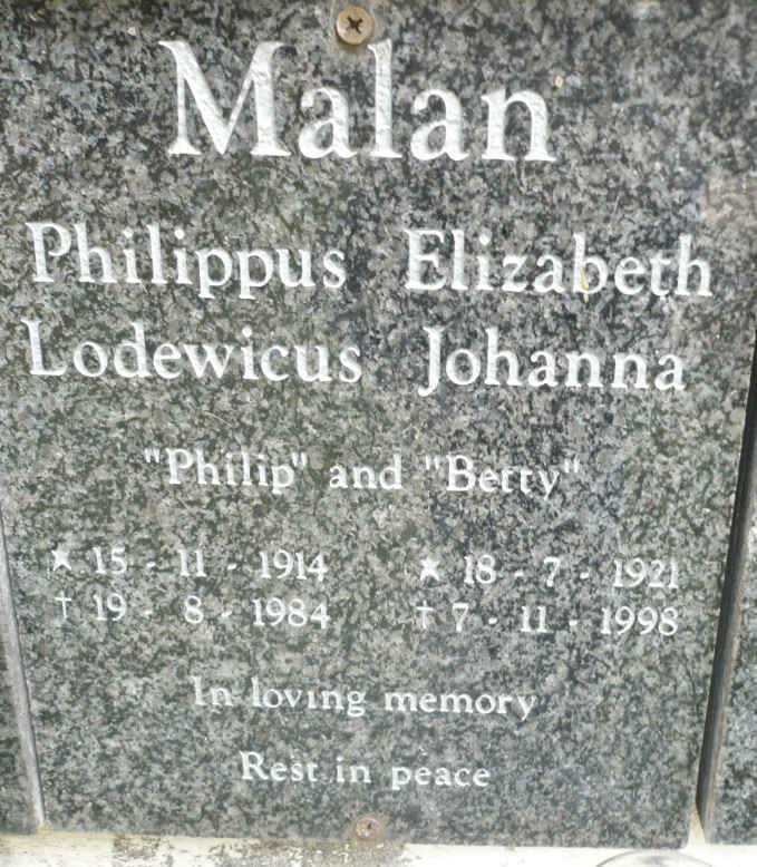 MALAN Philippus Lodewicus 1914-1984 &amp; Elizabeth Johanna 1921-1998