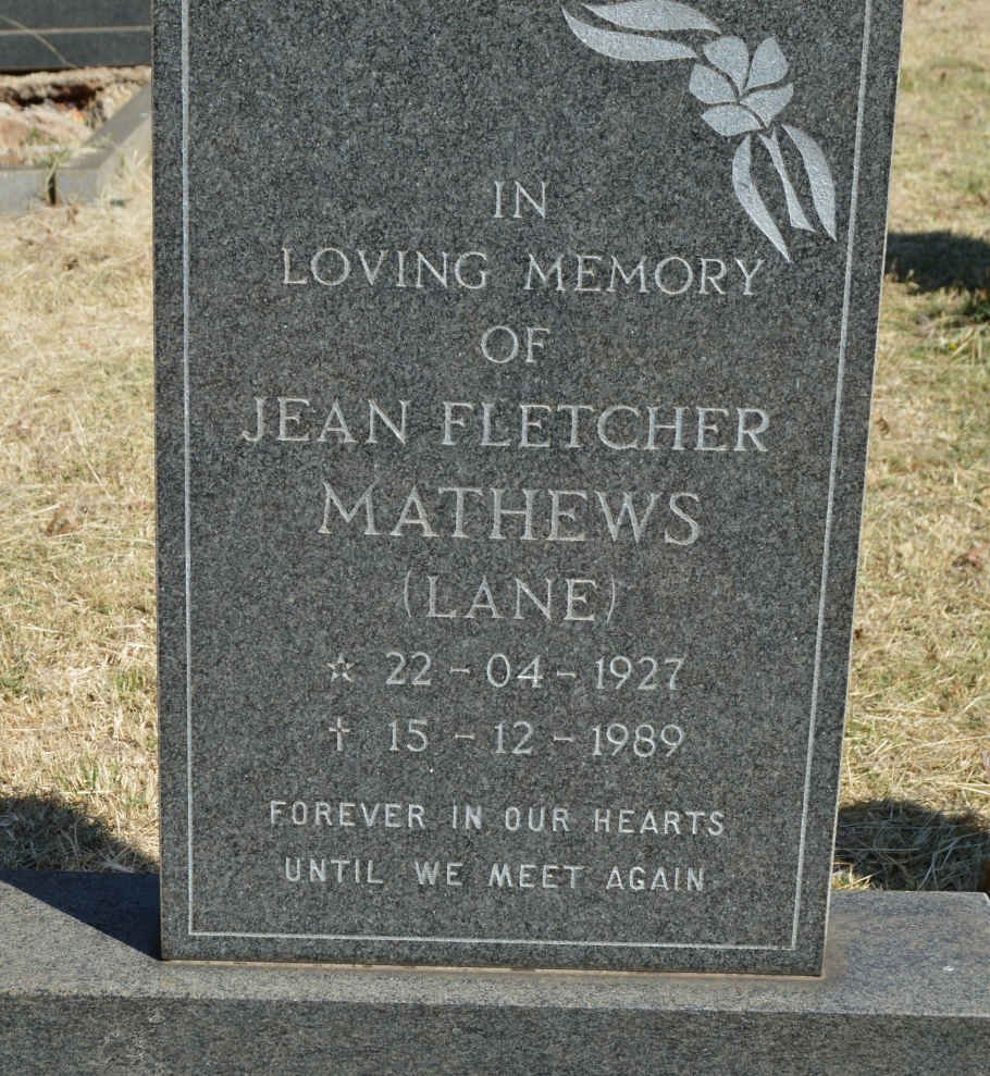 MATHEWS Jean Fletcher nee LANE 1927-1989