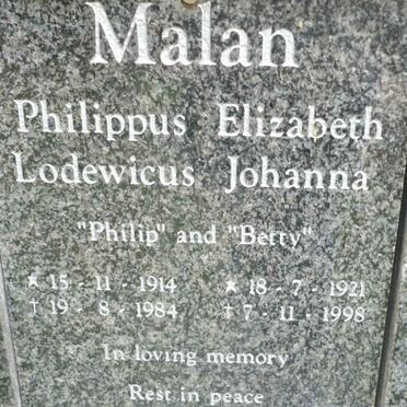 MALAN Philippus Lodewicus 1914-1984 &amp; Elizabeth Johanna 1921-1998