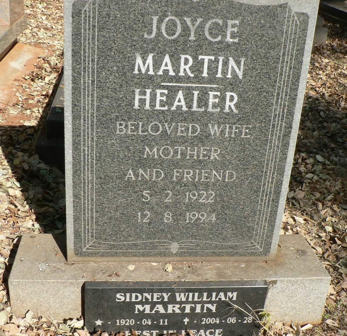 MARTIN Sidney William 1920-2004 &amp; Joyce HEALER 1922-1994