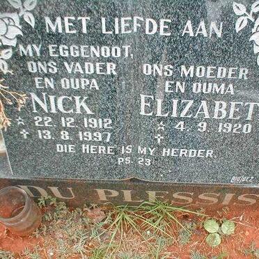 PLESSIS Nick, du 1912-1997 &amp; Elizabeth 1920-