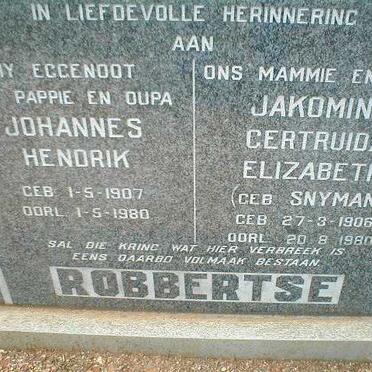 ROBBERTSE Johannes Hendrik 1907-1980 &amp; Jakomina Gertruida Elizabeth SNYMAN 1906-1980