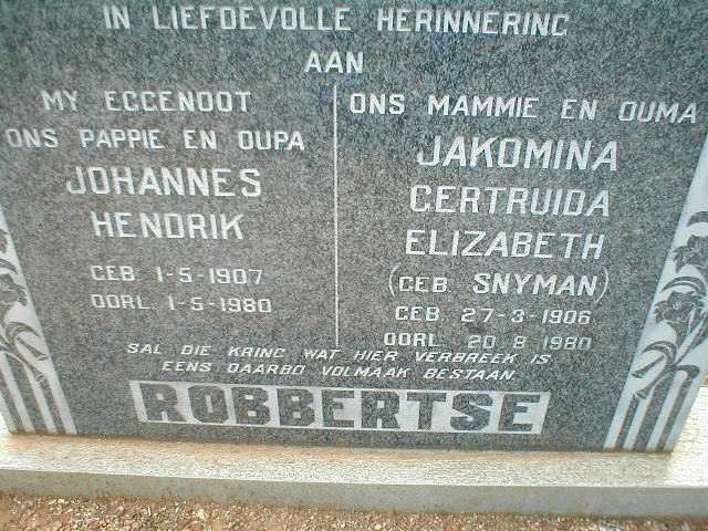 ROBBERTSE Johannes Hendrik 1907-1980 &amp; Jakomina Gertruida Elizabeth SNYMAN 1906-1980