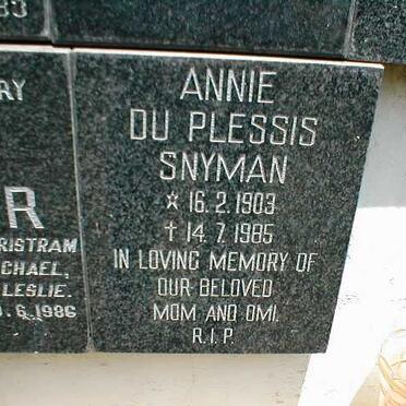 SNYMAN Annie Du Plessis 1903-1985