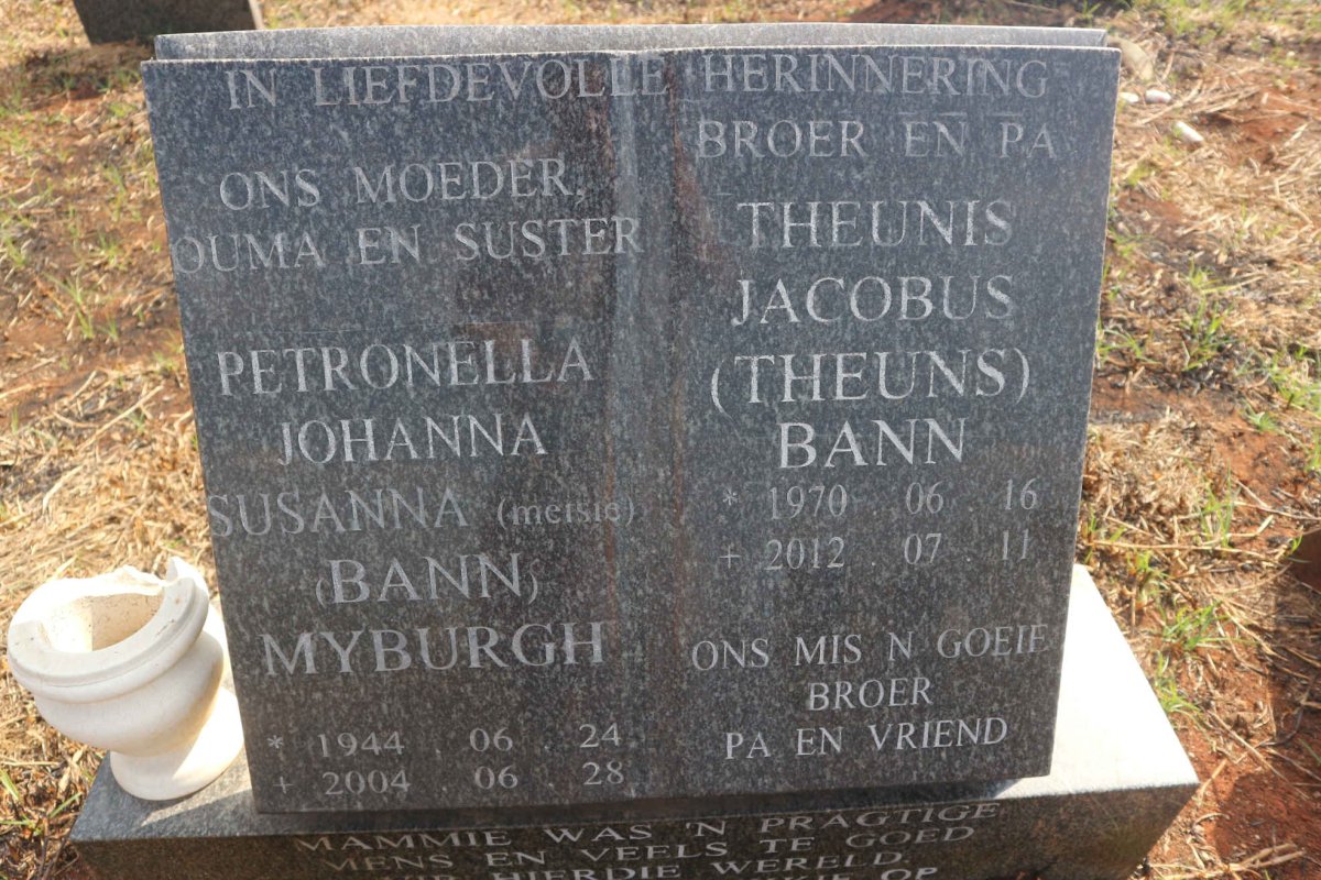 BANN Theunis Jacobus 1970-2012 &amp; Petronella Johanna Susanna MYBURGH 1944-2004