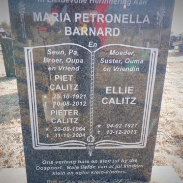 BARNARD Maria Petronella :: CALITZ Piet 1921-2012 &amp; Ellie 1927-2013 :: CALITZ Pieter 1964-2004