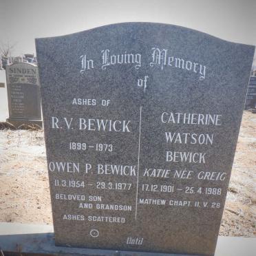 BEWICK R.V. 1899-1973 &amp; Catherine Watson GREIG 1901-1988 :: BEWICK Owen P. 1954-1977