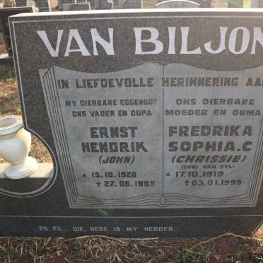 BILJON Ernst Hendrik, van 1920-1989 &amp; Fredrika Sophia C. VAN ZYL 1919-1999