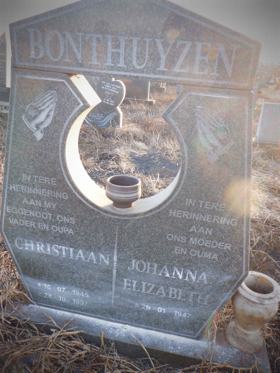 BONTHUYZEN Christiaan 1945-1997 &amp; Johanna Elizabeth 1947-