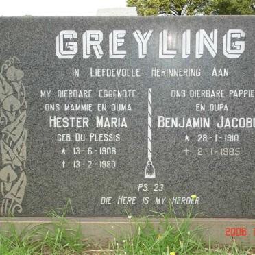 GREYLING Benjamin Jacobus 1910-1985 &amp; Hester Maria DU PLESSIS 1908-1980