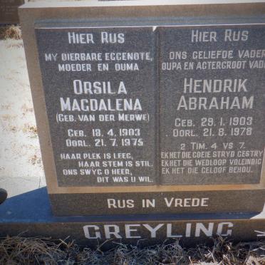 GREYLING Hendrik Abraham 1903-1978 &amp; Orsilla Magdalena VAN DER MERWE 1903-1975