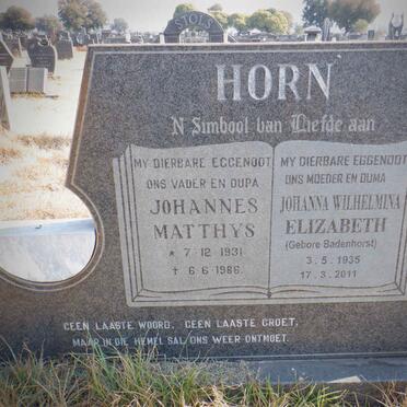 HORN Johannes Matthys 1931-1986 &amp; Johanna Wilhelmina Elizabeth BADENHORST 1935-2011