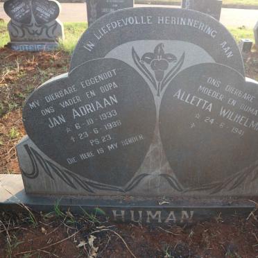 HUMAN Jan Adriaan 1933-1988 &amp; Alletta Wilhelmina 1941-