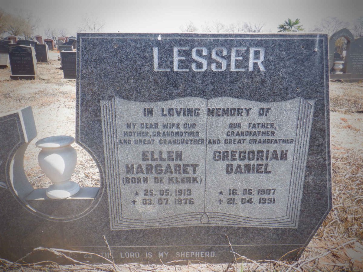 LESSER Gregorian Daniel 1907-1991 &amp; Ellen Margaret DE KLERK 1913-1976