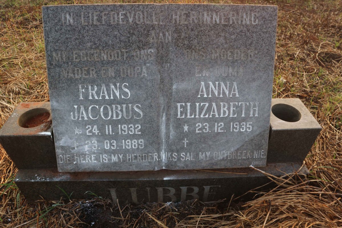 LUBBE Frans Jacobus 1932-1989 &amp; Anna Elizabeth 1935-